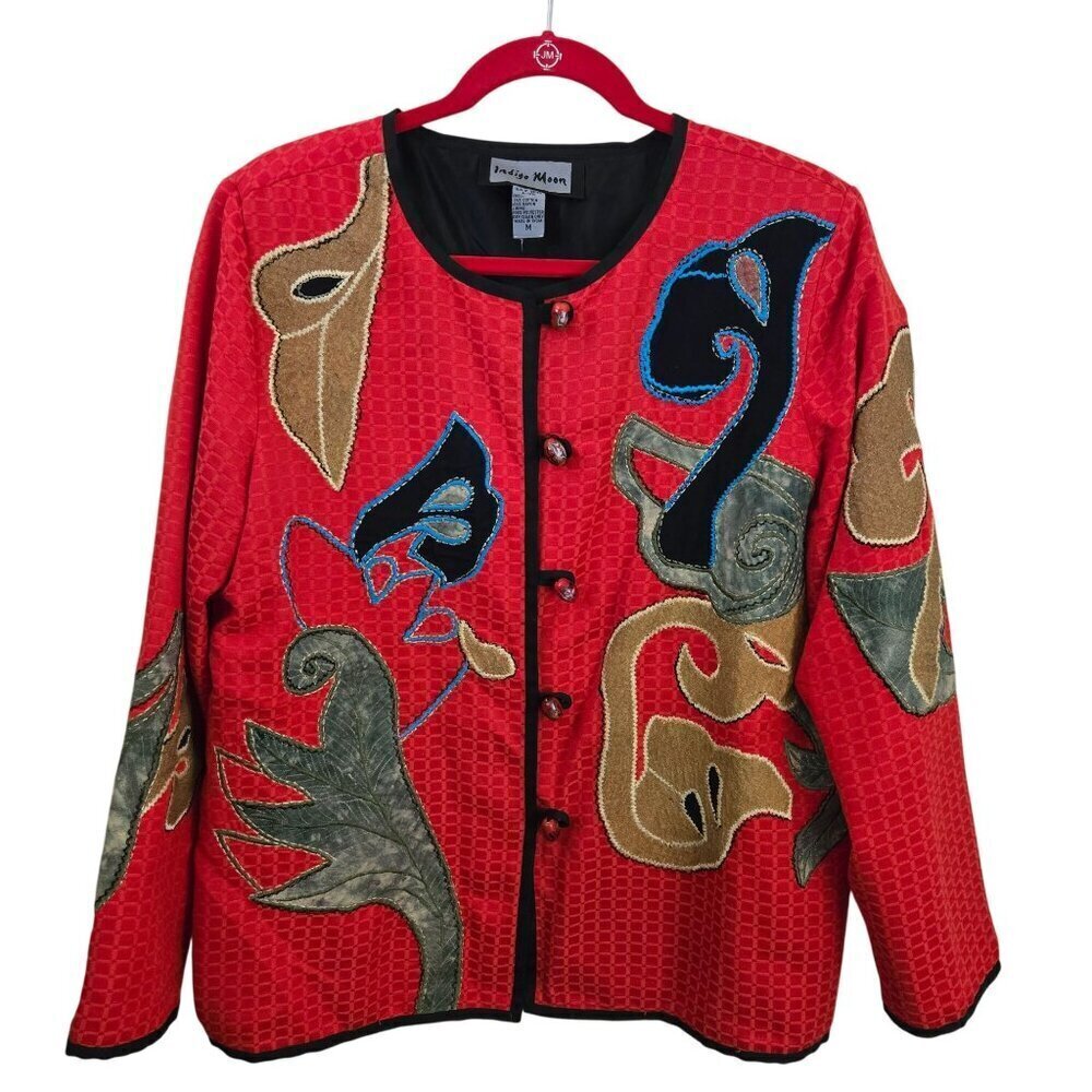 Indigo Moon Vintage Mixed Media Embroidered Patch Jacket Art To Wear Size M
